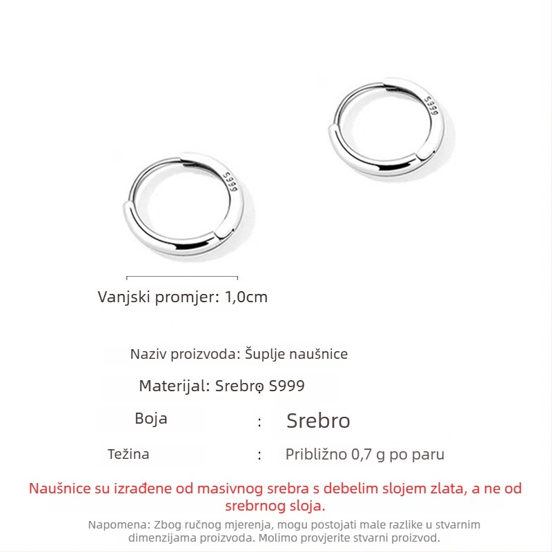 Naušnice od srebra S999, geometrijski hoop u korejskom stilu