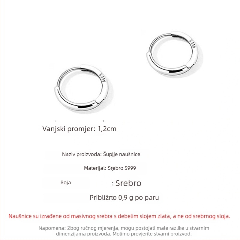 Naušnice od srebra S999, geometrijski hoop u korejskom stilu