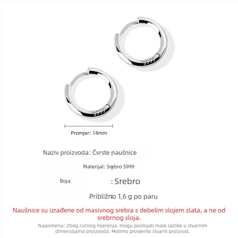 Naušnice od srebra S999, geometrijski hoop u korejskom stilu