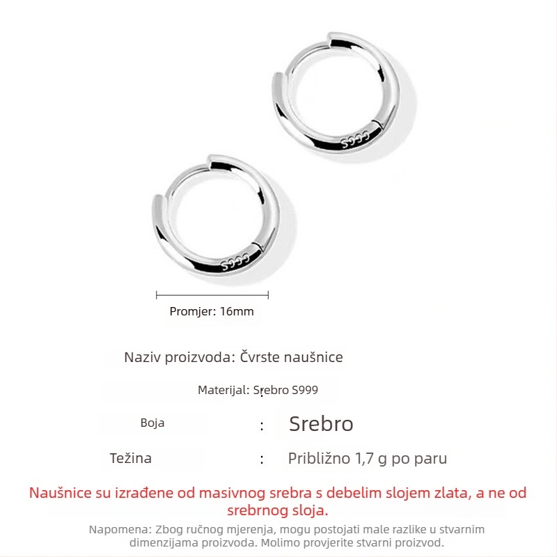 Naušnice od srebra S999, geometrijski hoop u korejskom stilu