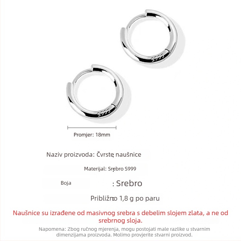 Naušnice od srebra S999, geometrijski hoop u korejskom stilu