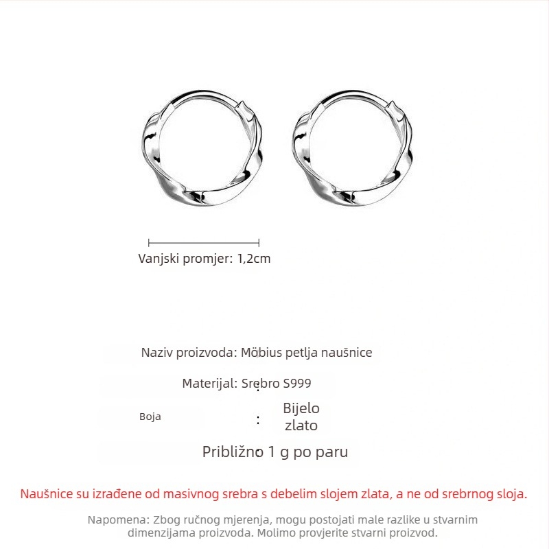 Naušnice od srebra S999, geometrijski hoop u korejskom stilu