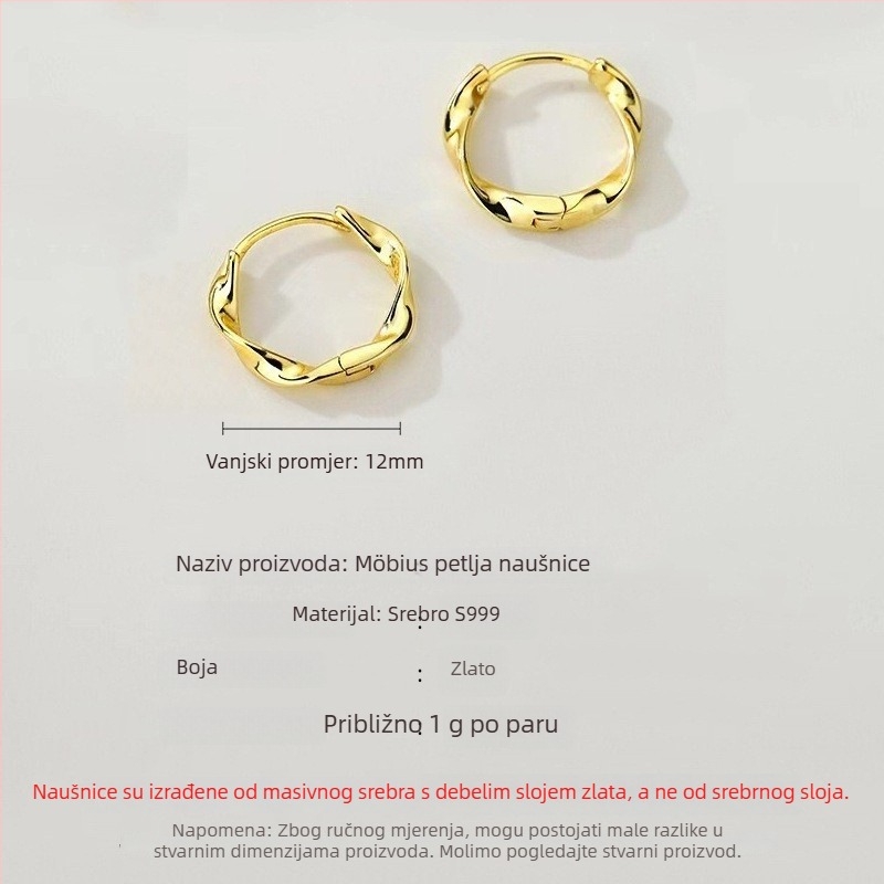 Naušnice od srebra S999, geometrijski hoop u korejskom stilu