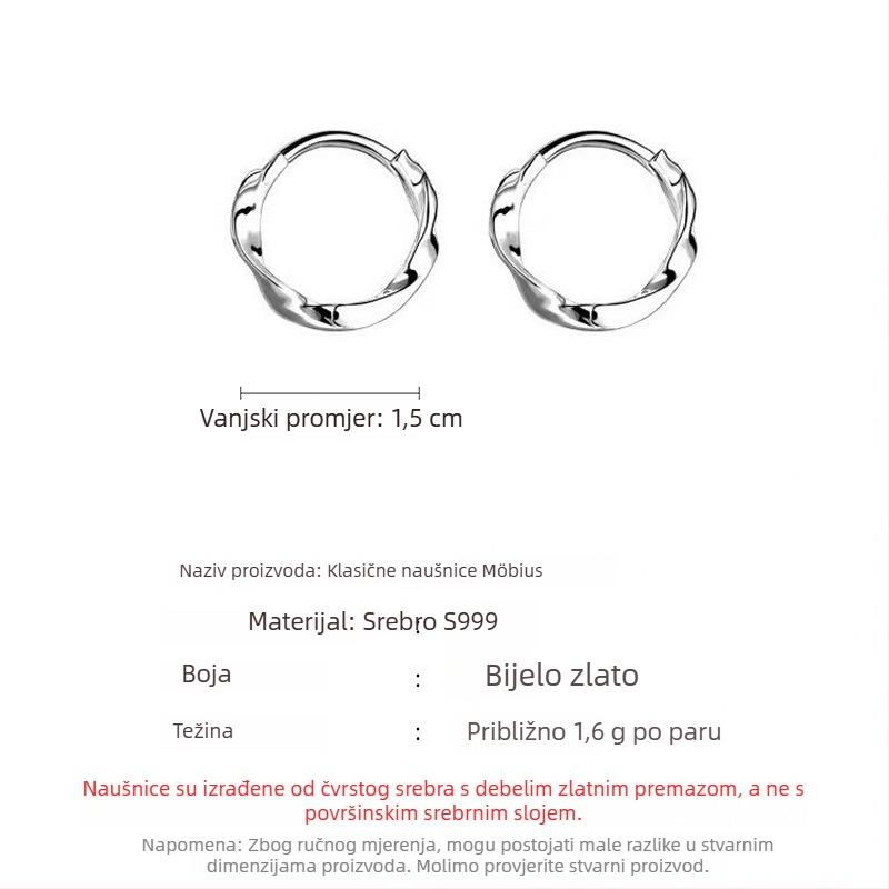 Naušnice od srebra S999, geometrijski hoop u korejskom stilu