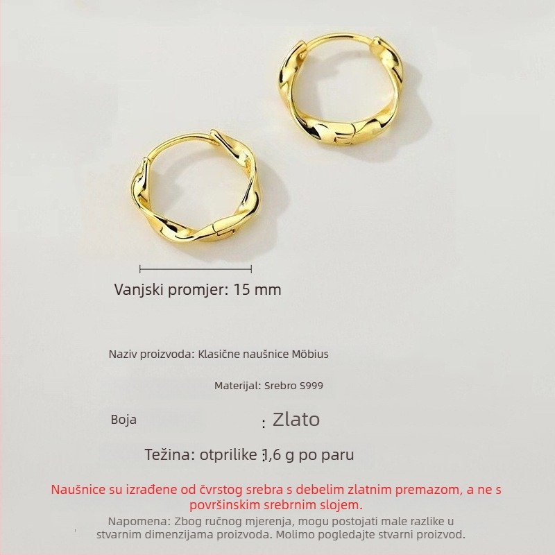 Naušnice od srebra S999, geometrijski hoop u korejskom stilu