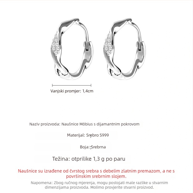 Naušnice od srebra S999, geometrijski hoop u korejskom stilu