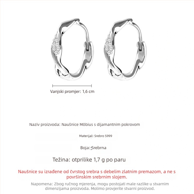 Naušnice od srebra S999, geometrijski hoop u korejskom stilu