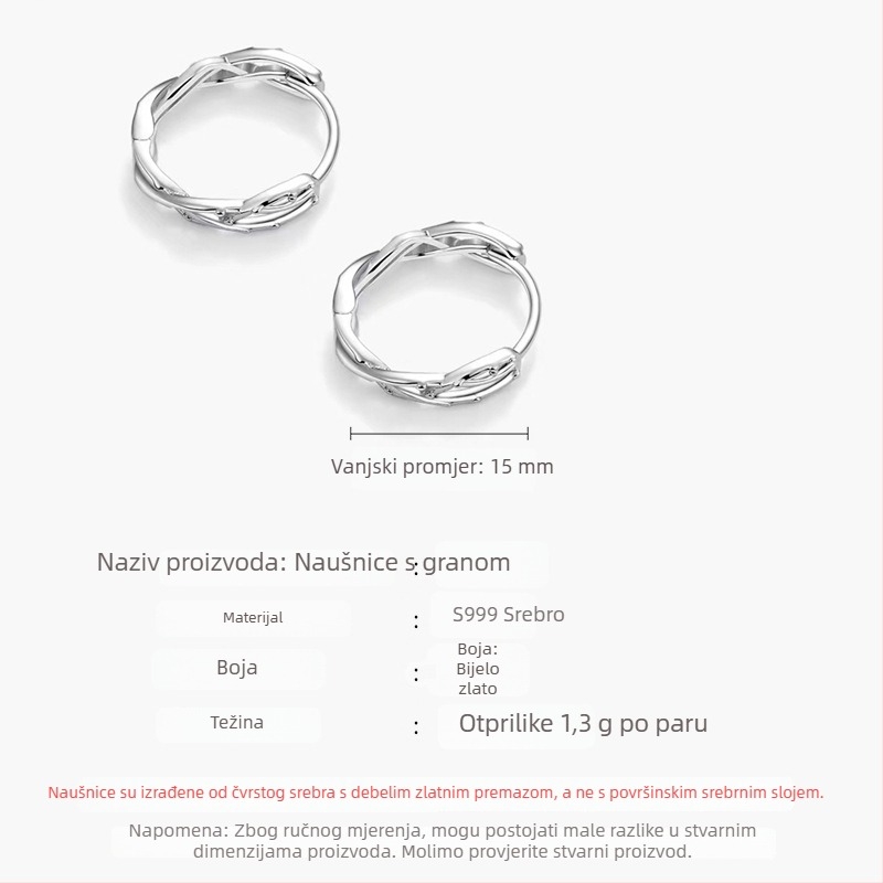 Naušnice od srebra S999, geometrijski hoop u korejskom stilu