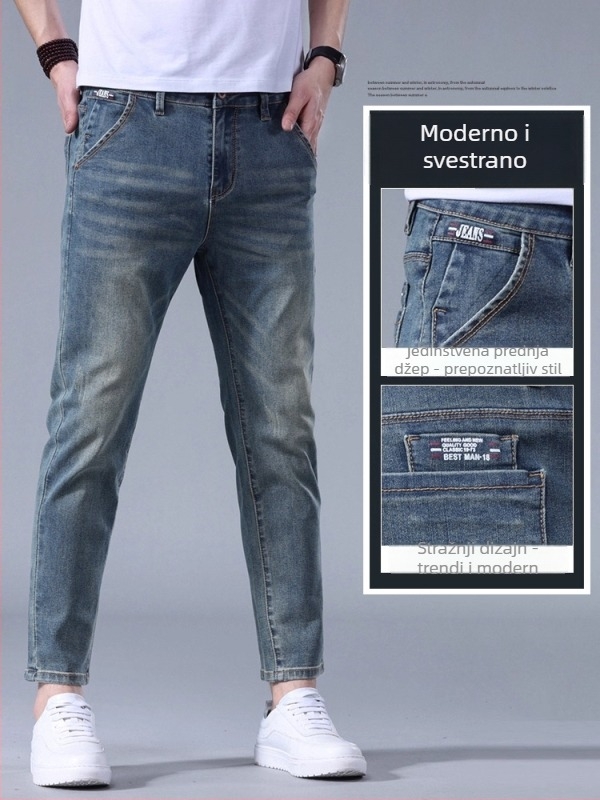 Muške traperice – vintage kroj, uski kroj (tapered), denim s mikroelastičnošću, srednji pojas, zatvarač, pamuk 62,8% / poliestar 35,2% / spandeks 2%