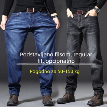 Muške traperice s visokim strukom, podstavljene flisom, plus veličina, elastične, ravni kroj, za jesen-zimu