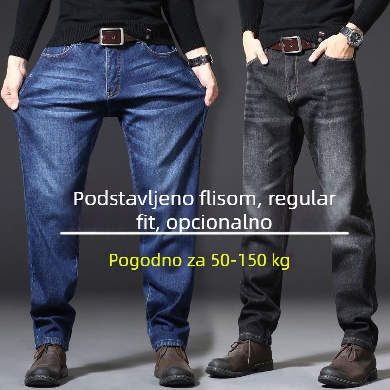 Muške traperice s visokim strukom, podstavljene flisom, plus veličina, elastične, ravni kroj, za jesen-zimu