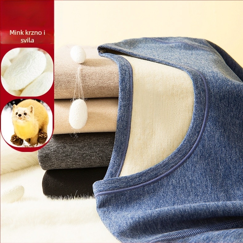 Kašmir termalni komplet donjeg rublja s mink baršunom, dvostruki sloj, okrugli vrat, dugi rukav i hlače, unisex, održava toplinu i antibakterijska svojstva.