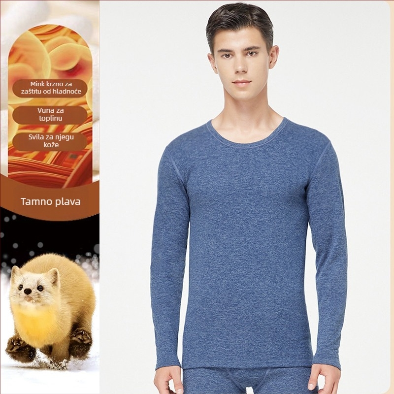 Kašmir termalni komplet donjeg rublja s mink baršunom, dvostruki sloj, okrugli vrat, dugi rukav i hlače, unisex, održava toplinu i antibakterijska svojstva.