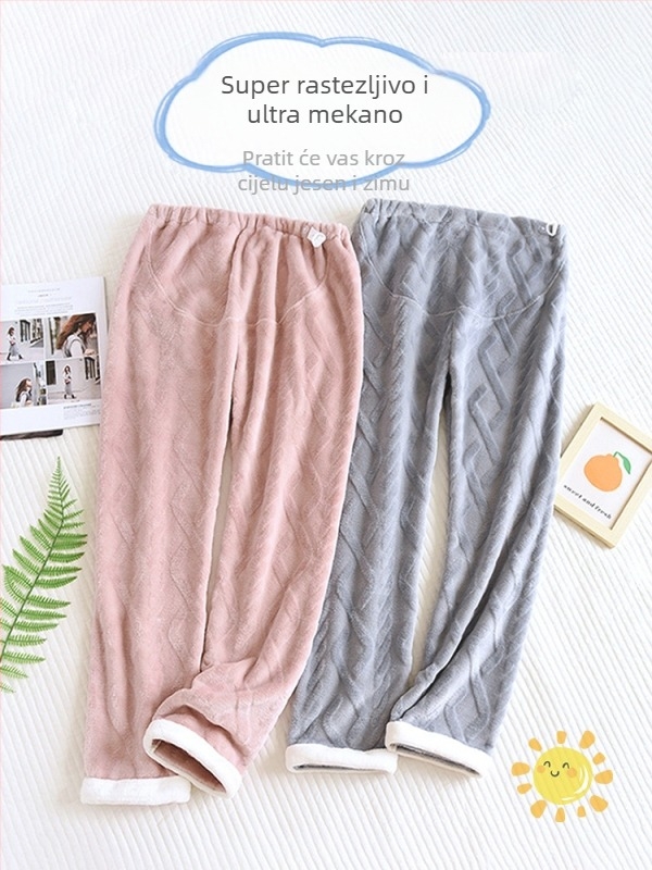 Trudničarske pidžama hlače s toplim koralnim flisom, podrška trbuha, opušten kroj, poliester 95%+, Zima 2024