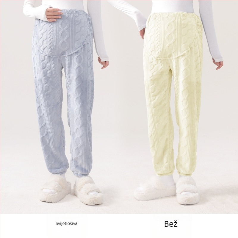 Trudničarske pidžama hlače s toplim koralnim flisom, podrška trbuha, opušten kroj, poliester 95%+, Zima 2024