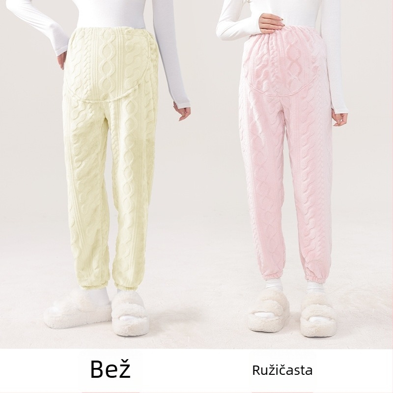 Trudničarske pidžama hlače s toplim koralnim flisom, podrška trbuha, opušten kroj, poliester 95%+, Zima 2024
