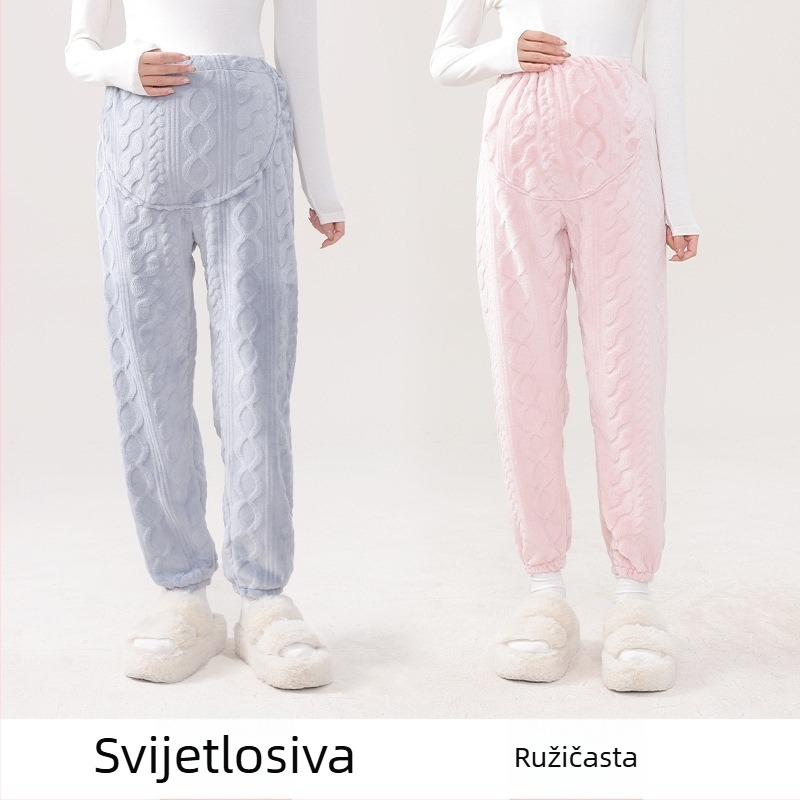 Trudničarske pidžama hlače s toplim koralnim flisom, podrška trbuha, opušten kroj, poliester 95%+, Zima 2024