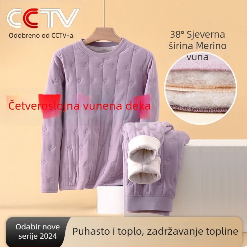 Vuneni termalni komplet donjeg rublja, ekstra debeli, tri sloja, s polu-visokim ovratnikom, bez šavova, dugi rukavi i hlače, veluru podstava, grijanje, zaštita koljena, struka i leđa