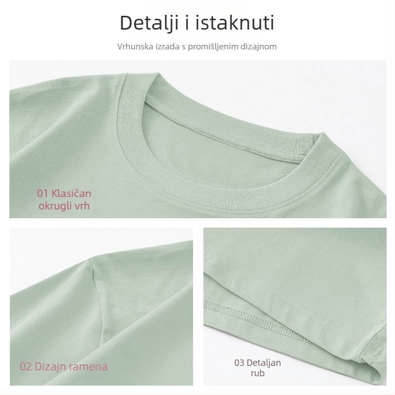 Ženska pamučna majica slobodnog kroja, kratki rukav, okrugli izrez, logotip uzorak, duljina 65–80 cm, ljeto 2025
