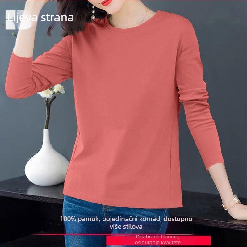 Ženski pamukasti majica s dugim rukavima, proljeće-jesen, korejski stil, opušten kroj, velika veličina, okrugli izrez, moderan top