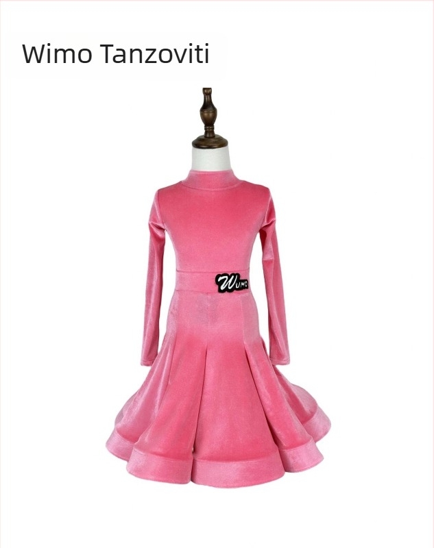 Dječji latino plesni kostim od baršuna s V-izrezom, dugi rukav, dvodijelni