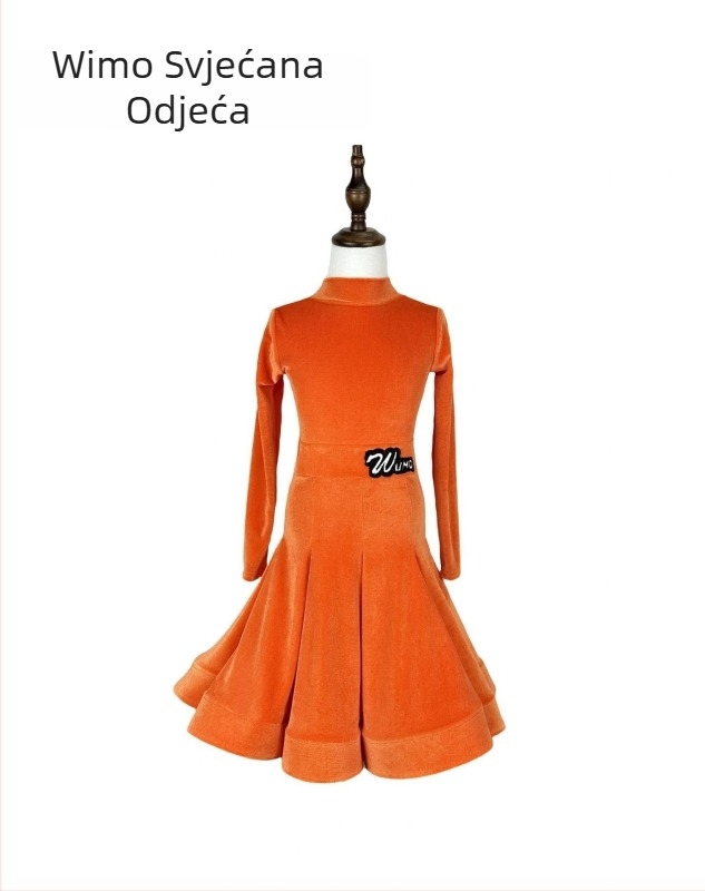 Dječji latino plesni kostim od baršuna s V-izrezom, dugi rukav, dvodijelni