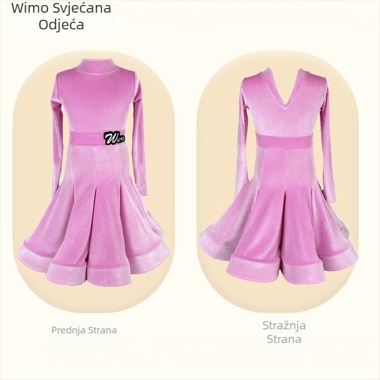 Dječji latino plesni kostim od baršuna s V-izrezom, dugi rukav, dvodijelni