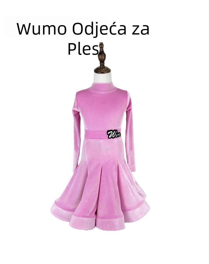 Dječji latino plesni kostim od baršuna s V-izrezom, dugi rukav, dvodijelni