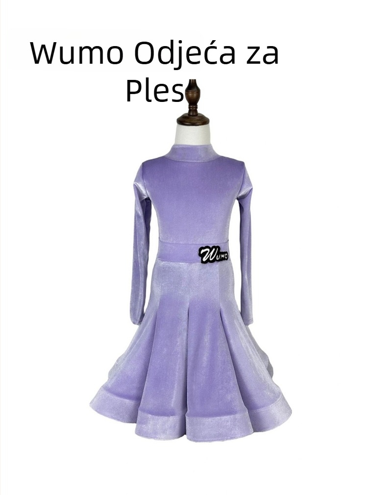 Dječji latino plesni kostim od baršuna s V-izrezom, dugi rukav, dvodijelni