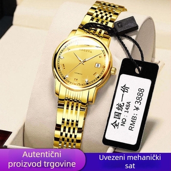 Ženski modni sat Opel Gea s dijamantnim ukrasom, kalendar, nehrđajuća čelična narukvica, vodootporan do 30 m, automatski mehanički pogon