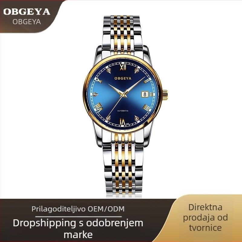 Ženski modni sat Opel Gea s dijamantnim ukrasom, kalendar, nehrđajuća čelična narukvica, vodootporan do 30 m, automatski mehanički pogon