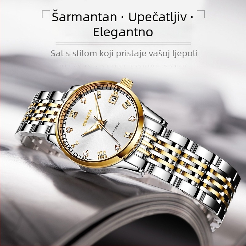 Ženski modni sat Opel Gea s dijamantnim ukrasom, kalendar, nehrđajuća čelična narukvica, vodootporan do 30 m, automatski mehanički pogon