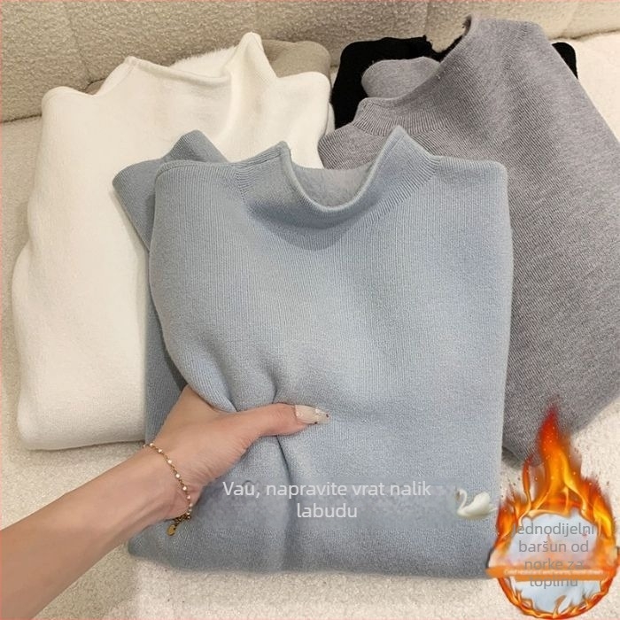 Ženski džemper s kapuljom od Mink Velvet – izuzetno debeli, dugi rukavi, jednobojni pleteni materijal