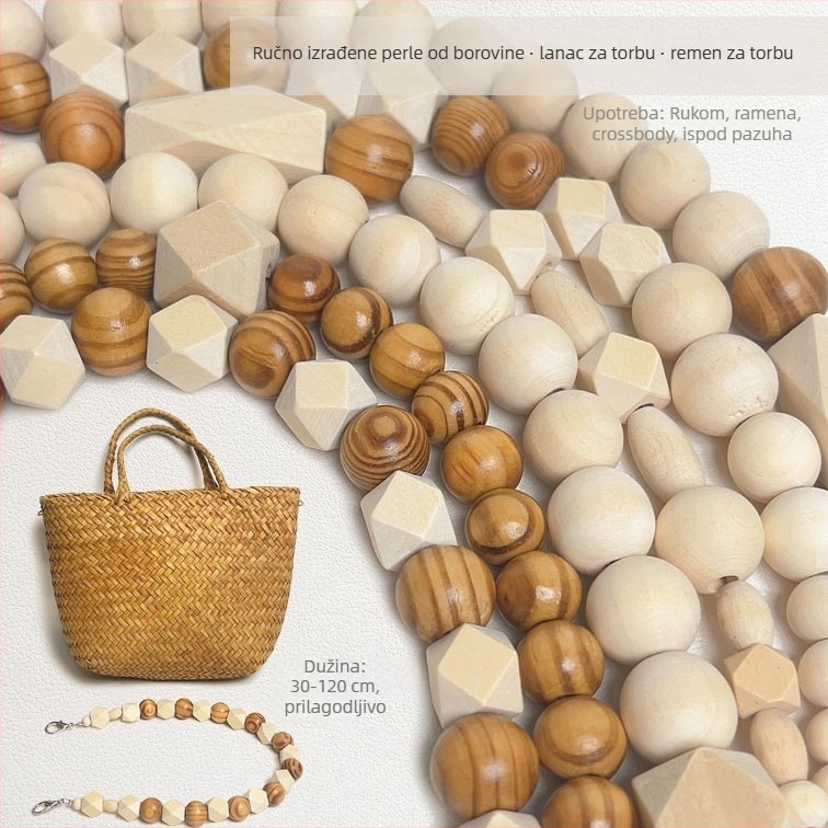 Ručni kaiš za torbu od drvenih perli – prozračan, iznimno lagan, rameni/crossbody stil, proljeće 2025