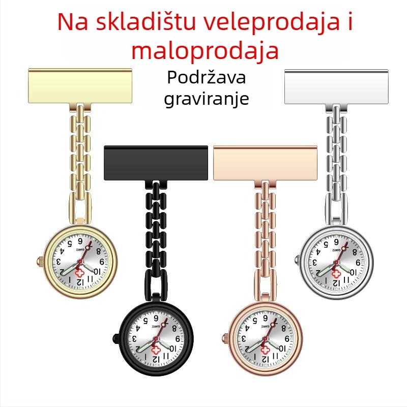 Gravirani sat za medicinske sestre s metalnom oznakom, svijetleći brojčanik, kvarcni mehanizam, kućište od legure, narukvica od legure, mineralno staklo