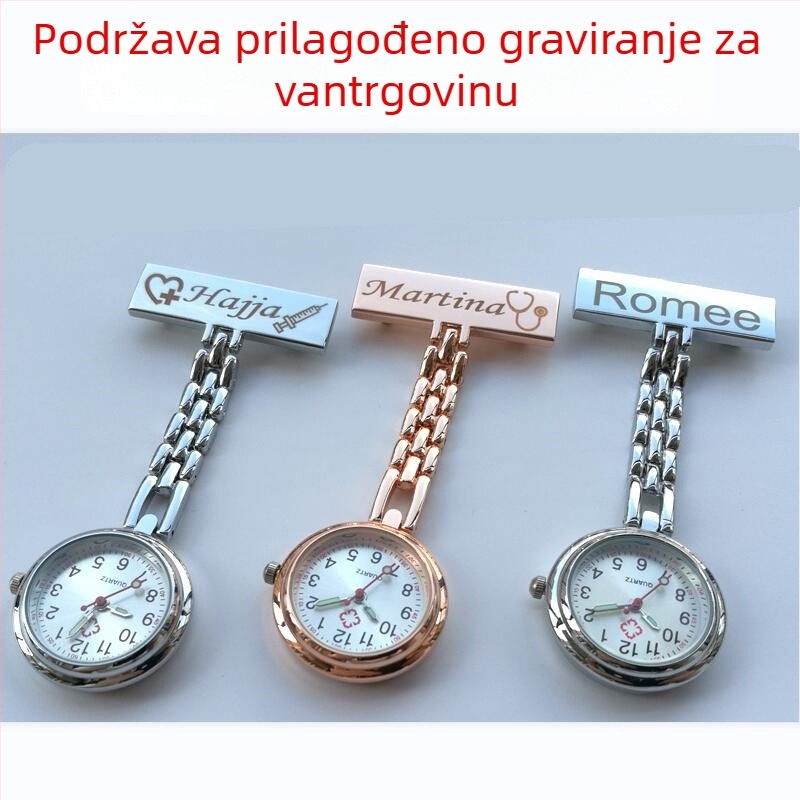 Gravirani sat za medicinske sestre s metalnom oznakom, svijetleći brojčanik, kvarcni mehanizam, kućište od legure, narukvica od legure, mineralno staklo