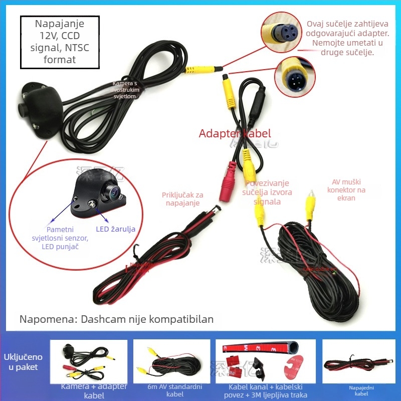 Kamera za mrtvu zonu automobila, desni pogled, prednji i stražnji bočni prikaz, 12V, 360° podešavanje, rezolucija 480×272, AV signal, 6W