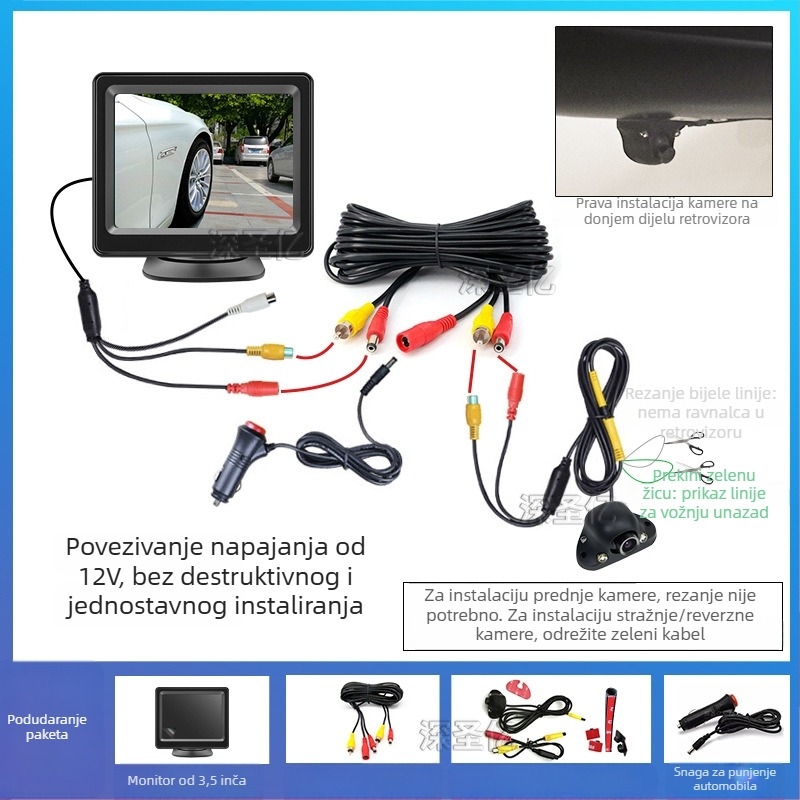 Kamera za mrtvu zonu automobila, desni pogled, prednji i stražnji bočni prikaz, 12V, 360° podešavanje, rezolucija 480×272, AV signal, 6W