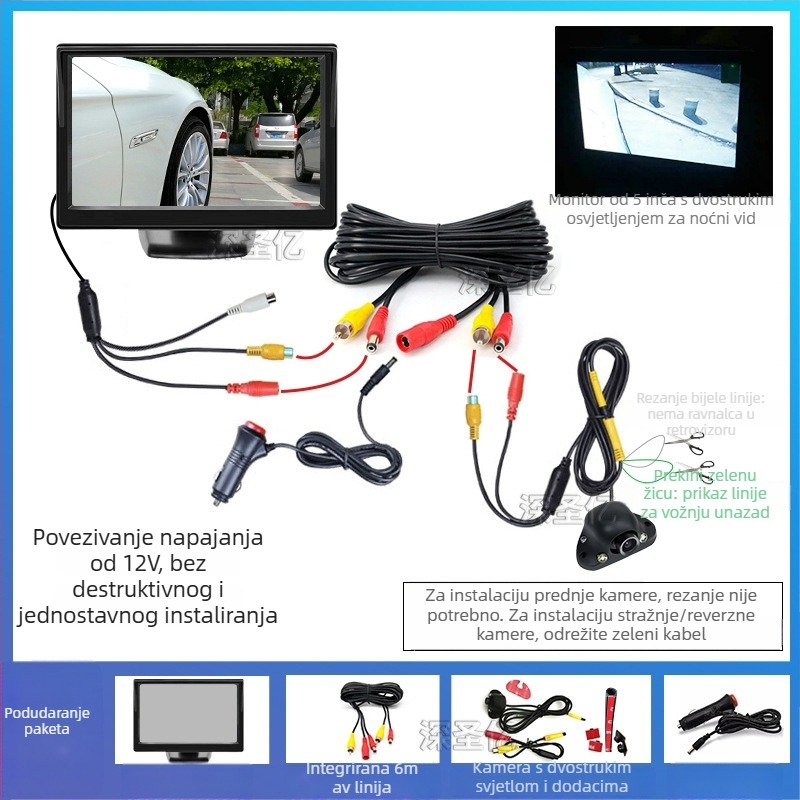 Kamera za mrtvu zonu automobila, desni pogled, prednji i stražnji bočni prikaz, 12V, 360° podešavanje, rezolucija 480×272, AV signal, 6W