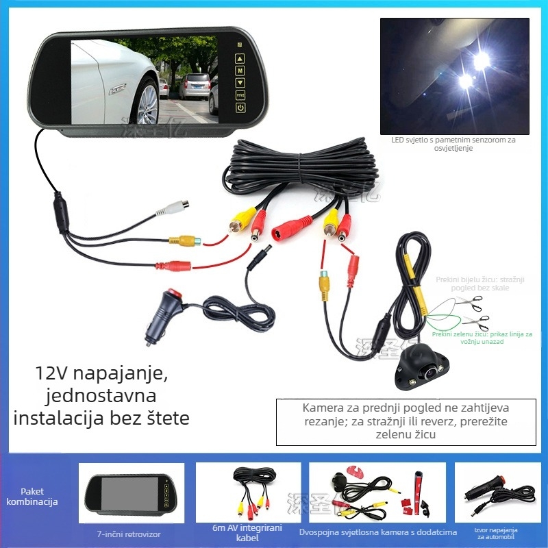 Kamera za mrtvu zonu automobila, desni pogled, prednji i stražnji bočni prikaz, 12V, 360° podešavanje, rezolucija 480×272, AV signal, 6W
