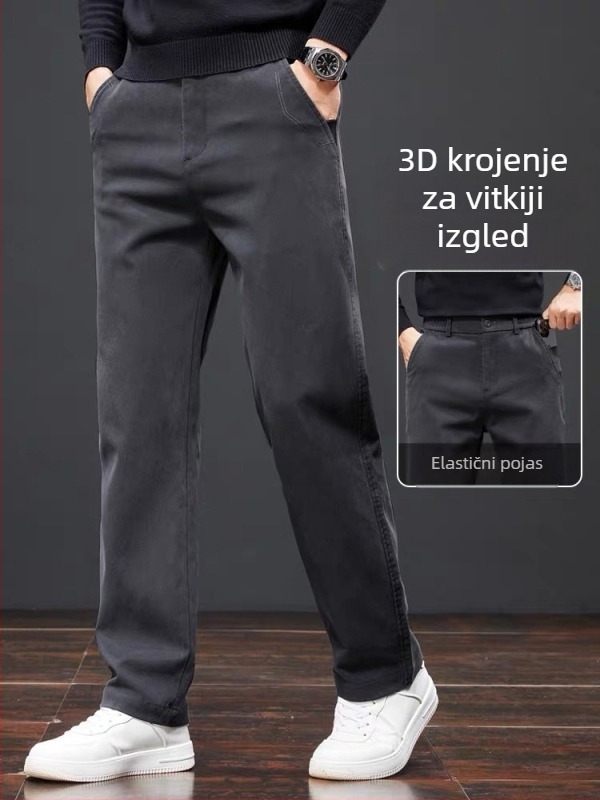 Muške casual hlače s ravnim krojem, zimska flis podstava, Lyocell 90% tkanina, elastičan materijal, srednji pojas, zip.