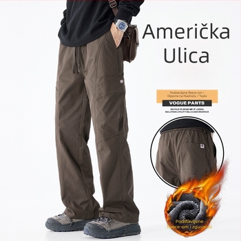Radne svakodnevne hlače, s fleece podstavom, zimske, ravni kroj, korejski stil, 100% poliester