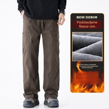Radne svakodnevne hlače, s fleece podstavom, zimske, ravni kroj, korejski stil, 100% poliester