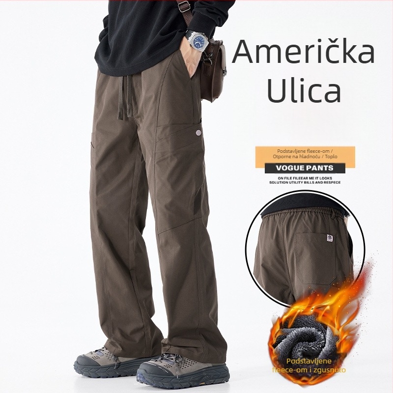 Radne svakodnevne hlače, s fleece podstavom, zimske, ravni kroj, korejski stil, 100% poliester