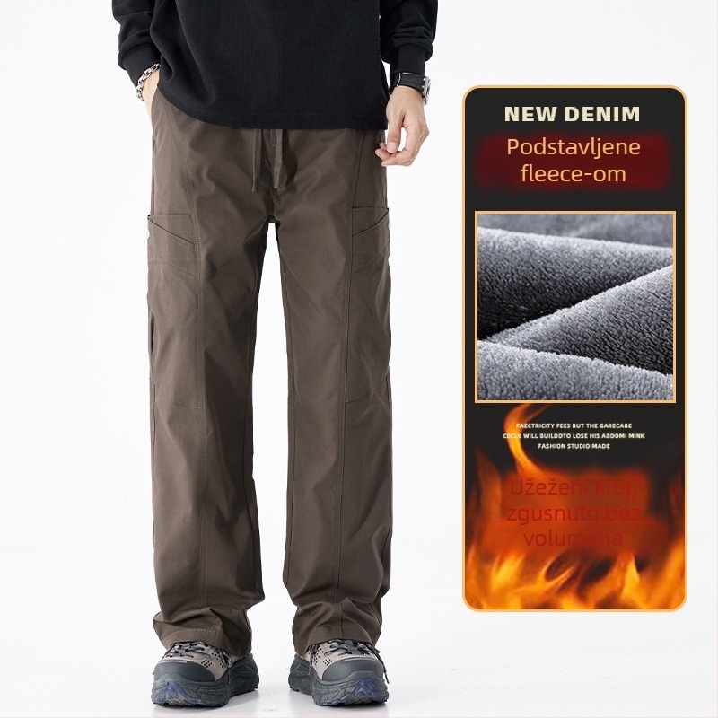 Radne svakodnevne hlače, s fleece podstavom, zimske, ravni kroj, korejski stil, 100% poliester