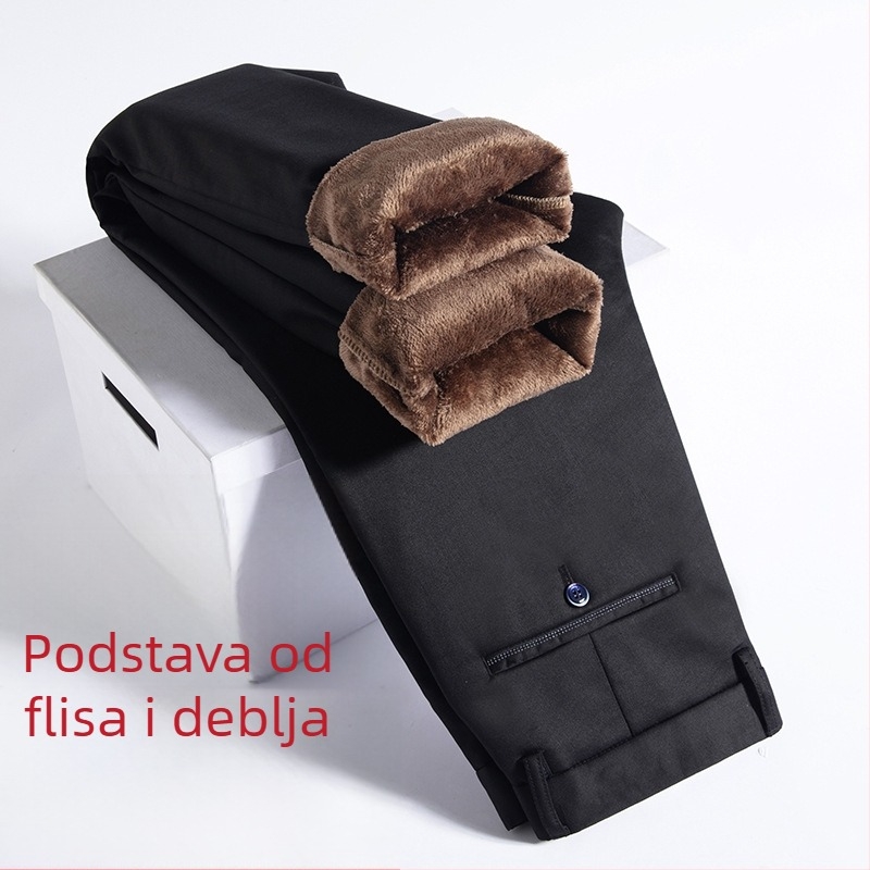Muške poslovne casual hlače ravnog kroja, visoki struk, flis podstava, zatvarač, mješavina vlakana bambusa i poliestera