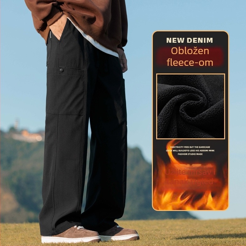 Muške cargo hlače s flis podstavom, ravni kroj, srednji pojas, za mlade, duge hlače
