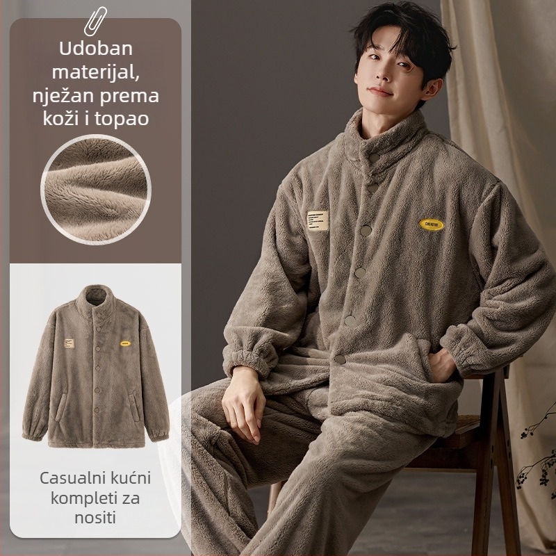Muški set pidžama Island Velvet, debeli fleece, okrugli vrat, dugi rukavi, pogodna za dom ili vanjsku upotrebu, zima/jesen