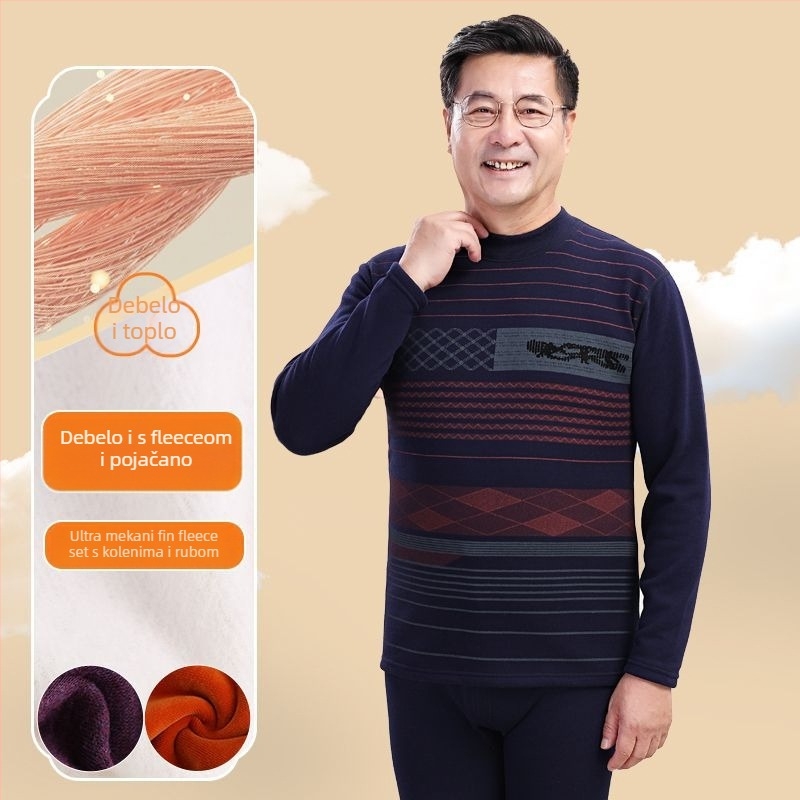 Termo donje rublje za starije muškarce, debeli flis od poliester materijala, gornji dio s visokim ovratnikom i hlače, zimski set