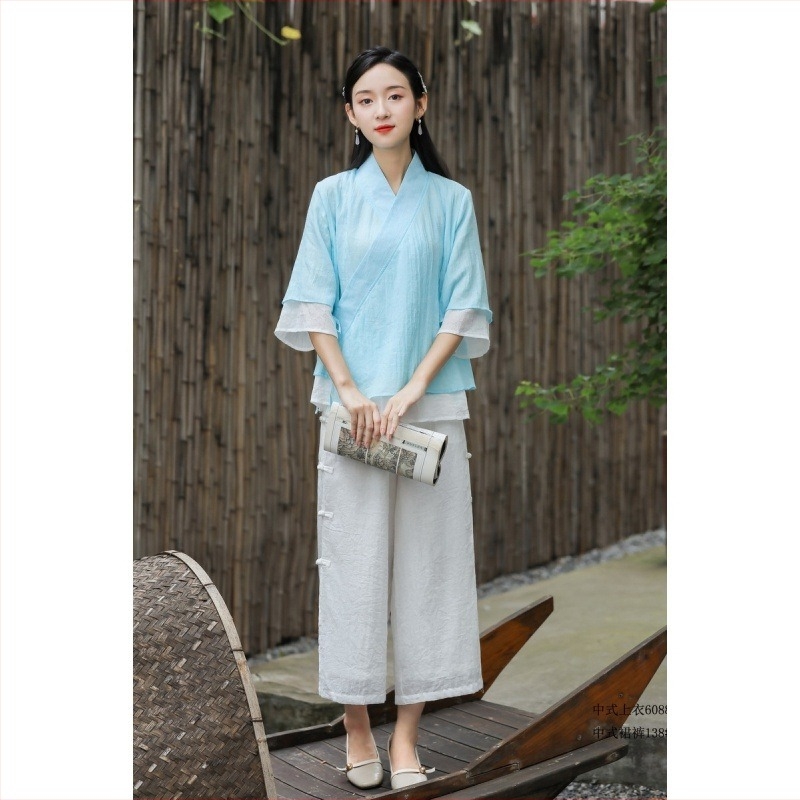 Top od pamuka-lina s mandarin ovratnikom, kineskog stila, širokog kroja; ženski set s širokim hlačama — Vinylon vlakno, OEM prerada, proljeće 2022